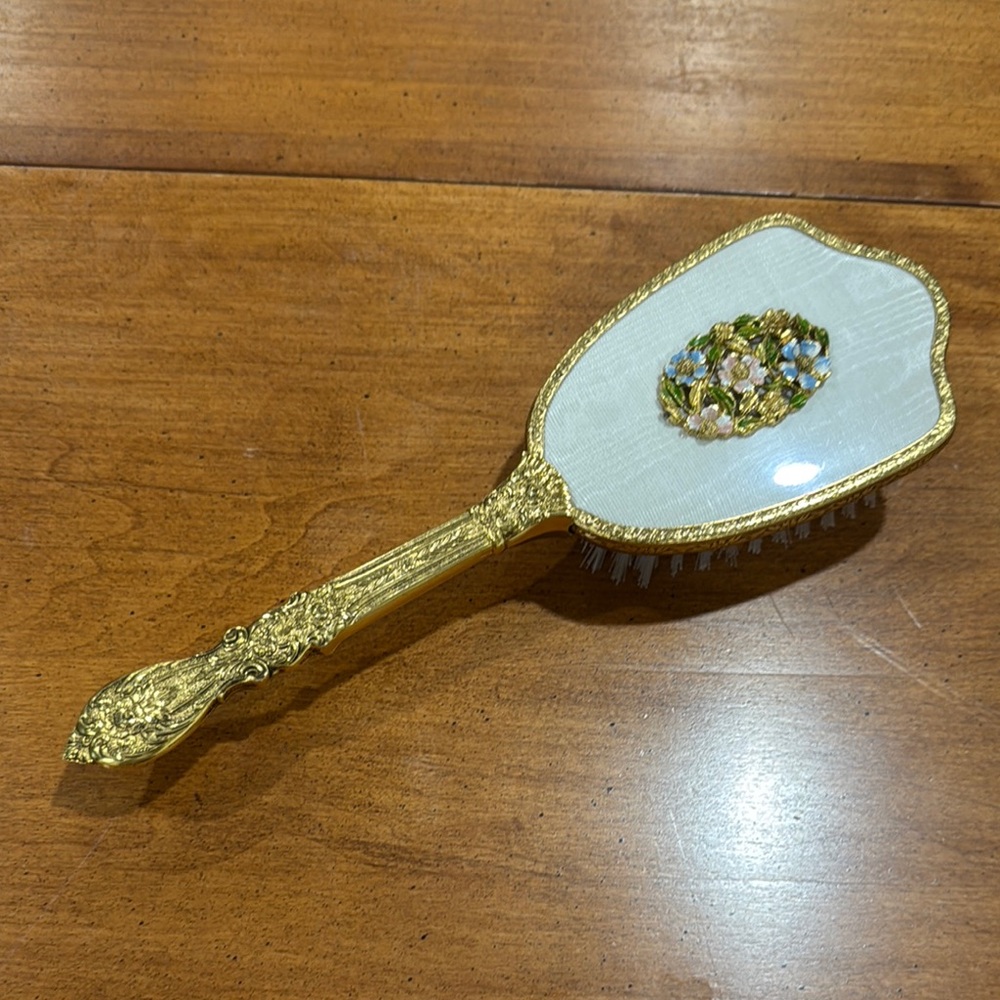 Vintage Gold Handheld Hair Brush with Floral Design